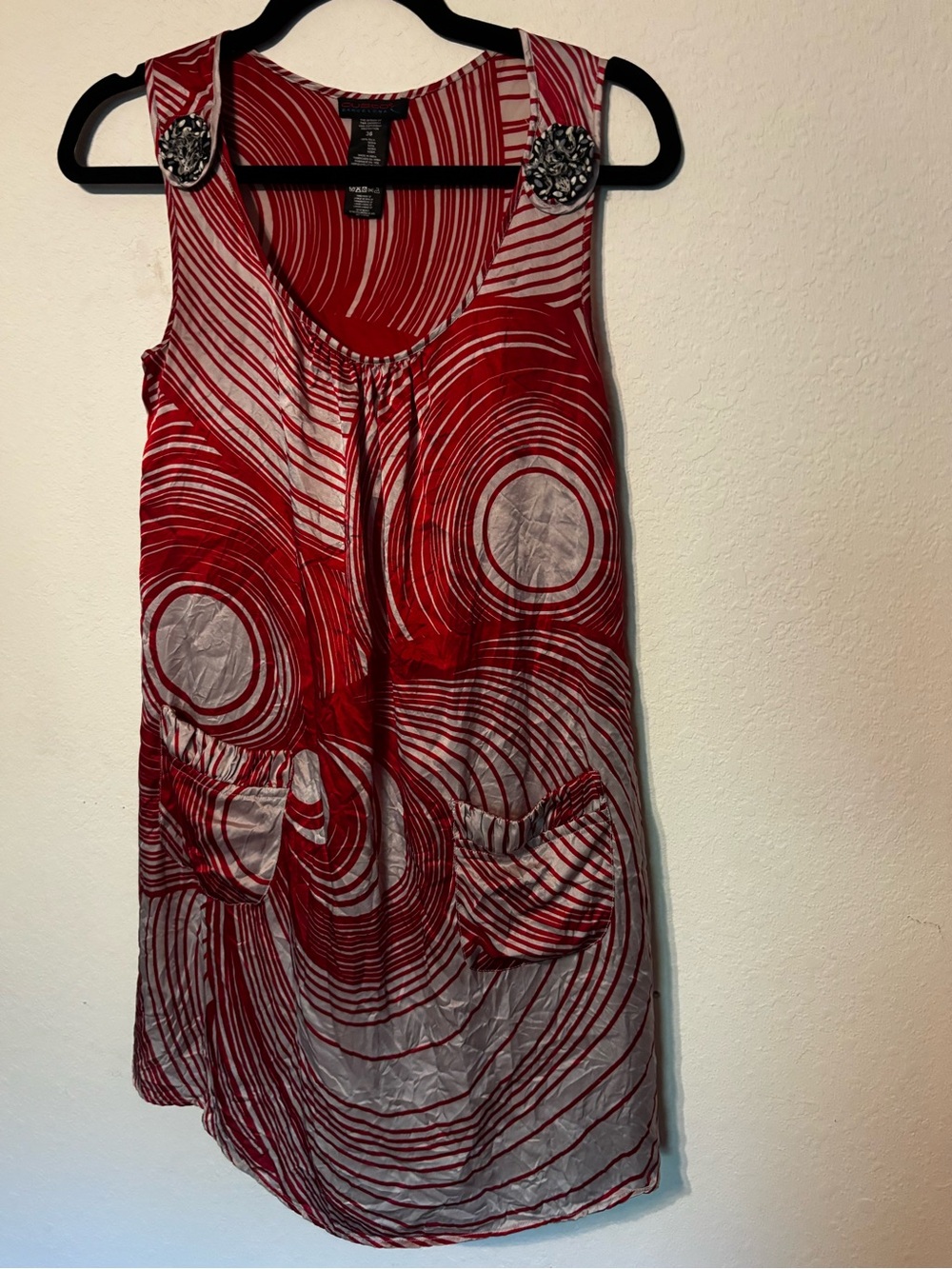 Custo Barcelona 100% Silk Mini Dress Size 36 Red Gray Swirl Print Jeweled Y2K